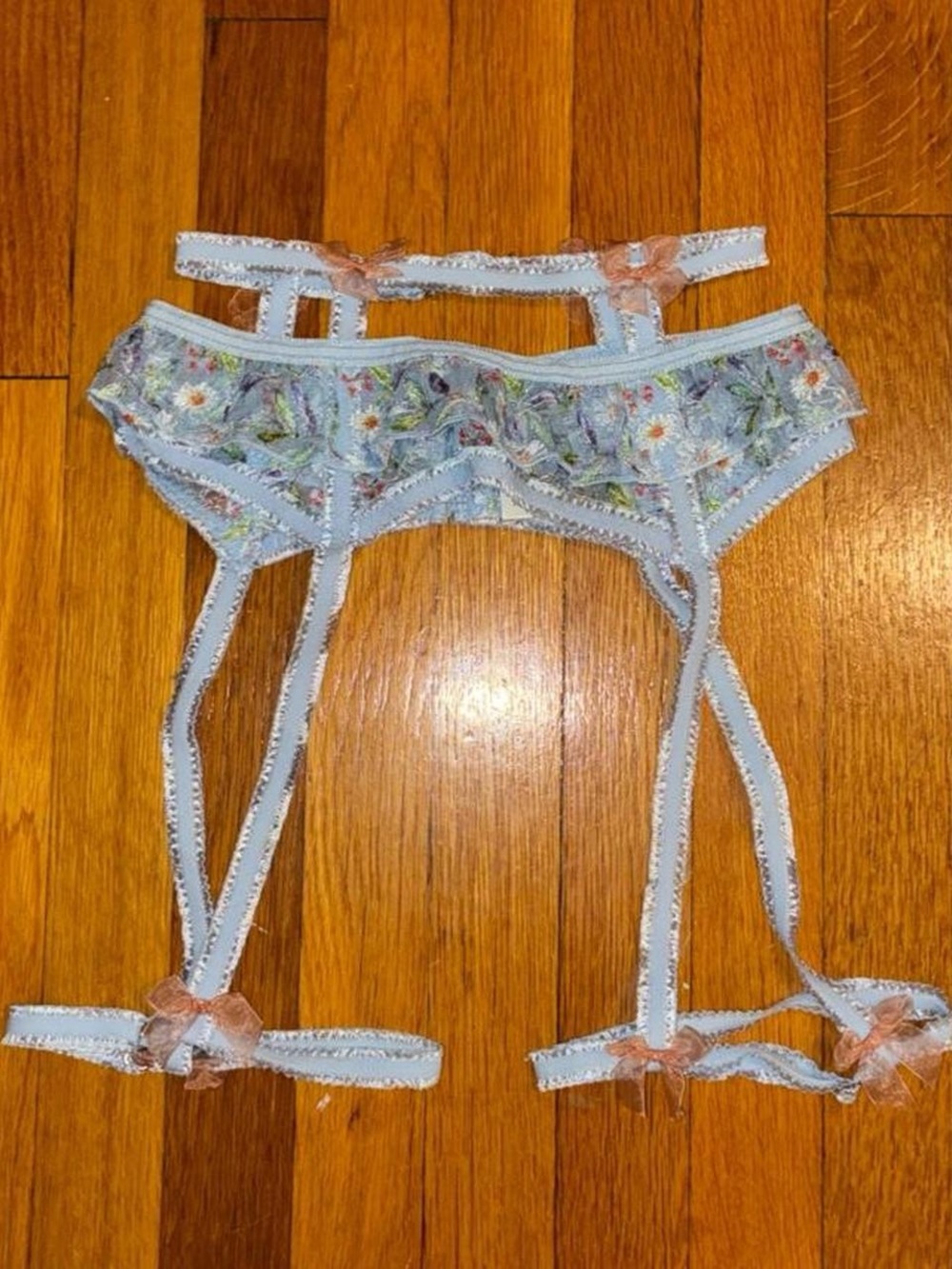 For Love And Lemons Light Blue Floral Lace Garter Belt with Pink Bows